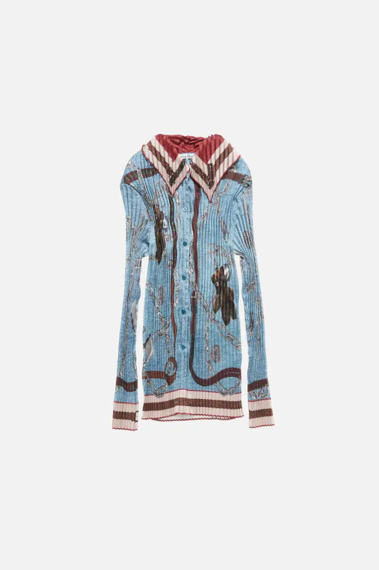 Pleated Printed Blouse Denim Blue