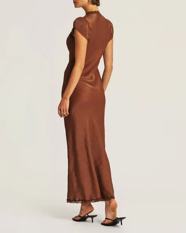 Shiny V-Neck Dress Brown