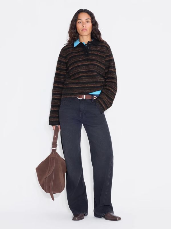 OLIVIA Wool Polo Sweater Brown Stripe