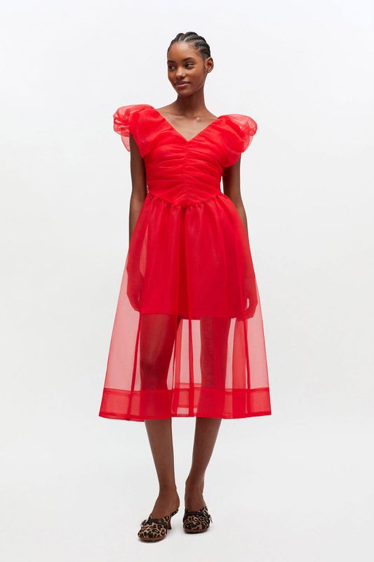 Organza Long Ruched Dress Mars Red 