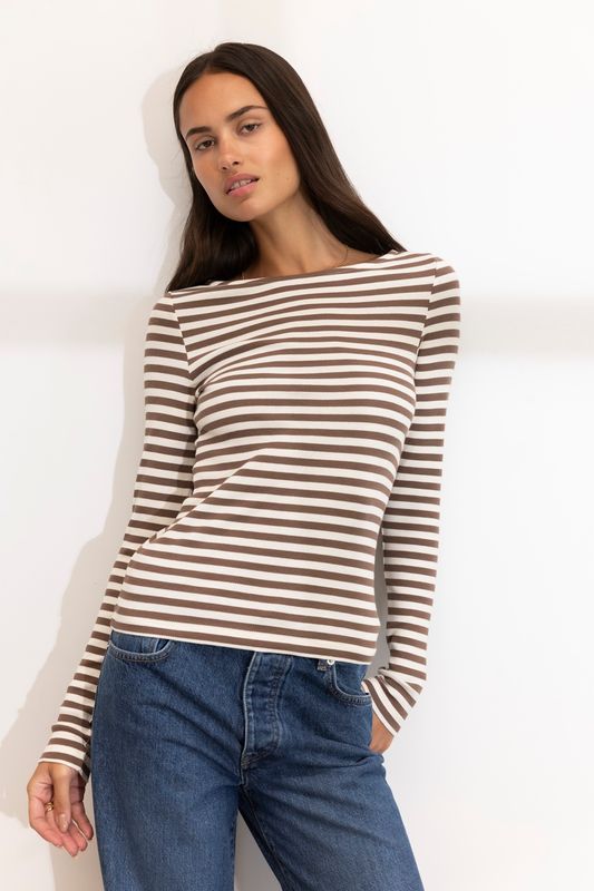 Petronella Rib Boatneck Brown Stripe